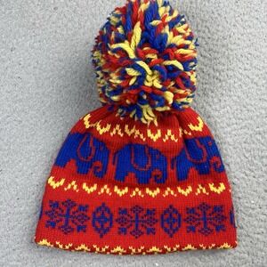 Vintage CB Sports Ski Pom Hat Winter Elephants 80s Red Blue Sports Throwback